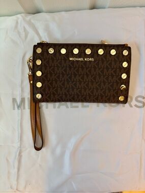 Michael Kors Dark Brown Logo Wristlet with Gold Studs